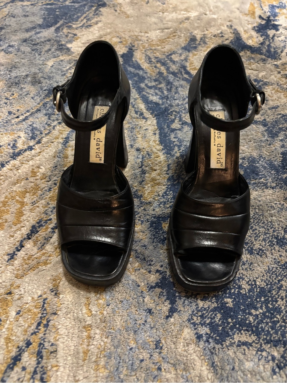 Charles David Black Leather Open-Toe Ankle-Strap Heels